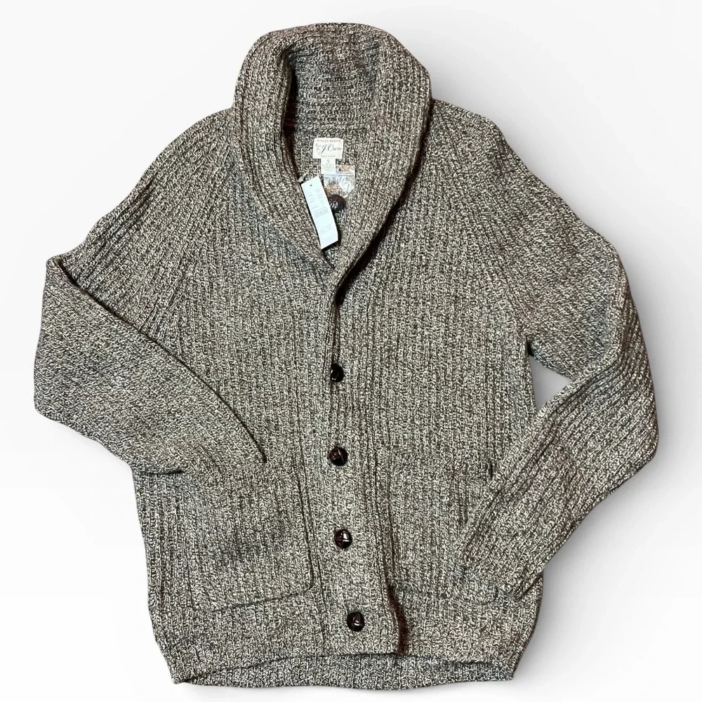 NWT J Crew Rugged Merino Brown Wool Blend Shawl Cardigan Sweater Mens Size Small